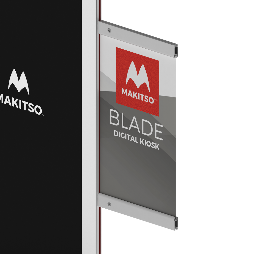 Makitso Blade Digital Signage Kiosk with banner print angled