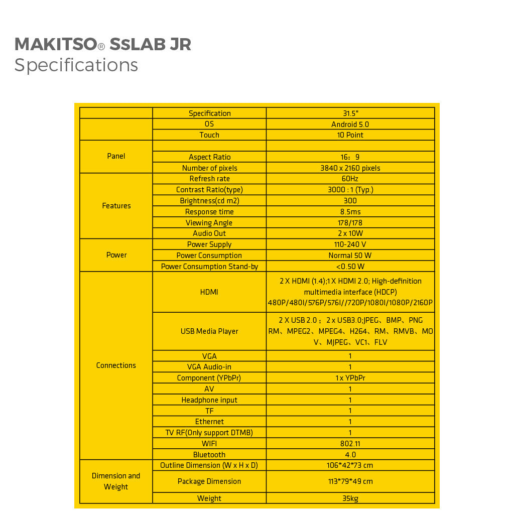 Makitso Sslab JR 32"4K Digital Signage and Table Top Display  specs