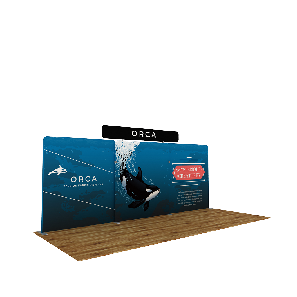 BrandStand WaveLine® Media Orca 20ft Tension Fabric Display with header in Trade Show Booth angled